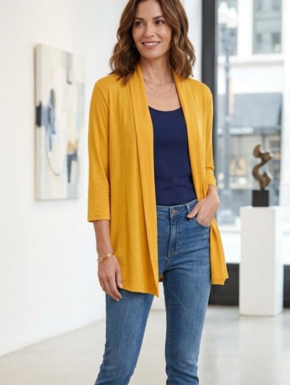 Notations Bright Yellow Open-Front Women's Cardigan NWT Size L